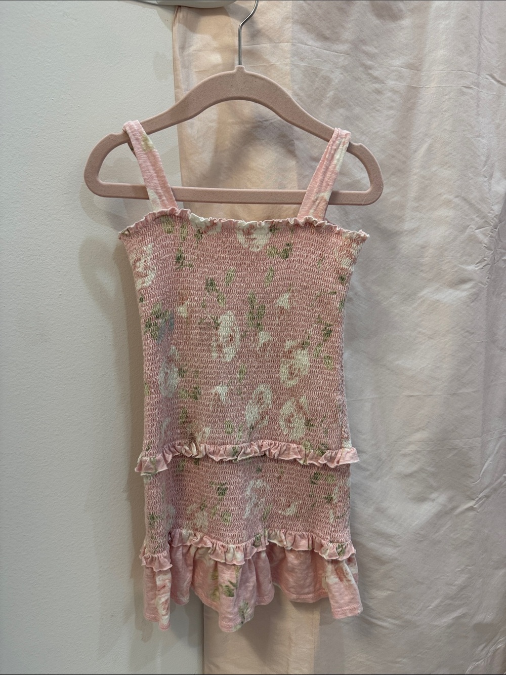 LoveShackFancy Pink Floral Smocked Tank Dress with Ruffle Hem